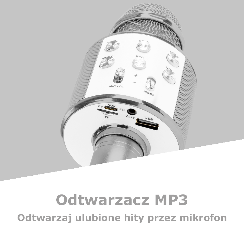 Mikrofon karaoke KM01 z wbudowanymi głośnikami BT/ MP3 srebrny