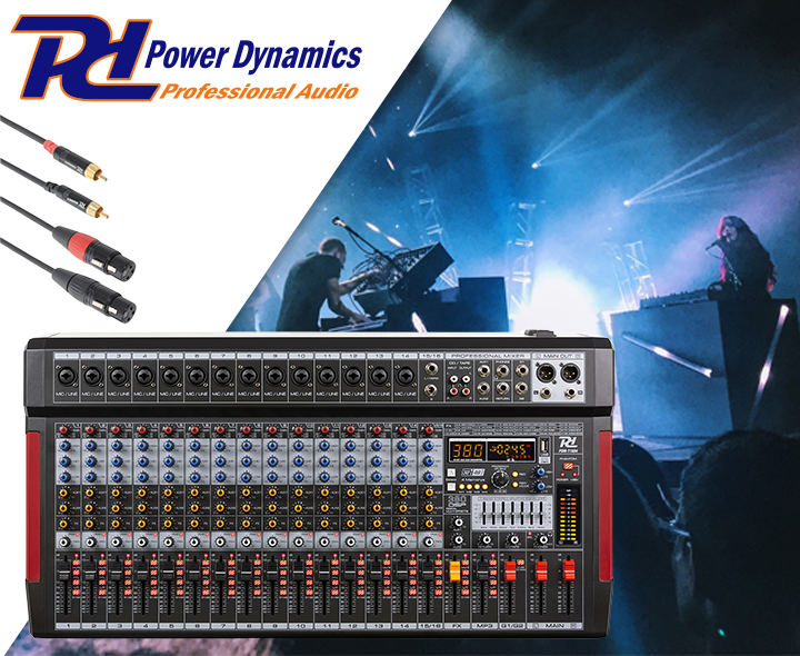 Mikser sceniczny 16-kanałowy DSP MP3  PDM-T1604  Power Dynamics+ kabel 2x XLR 2x RCA 3.0m