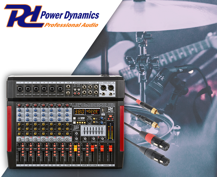 Mikser sceniczny 8-kanałowy DSP MP3  PDM-T804 Power Dynamics+ Kabel 2x XLR żeński-2x RCA męski 3.0m
